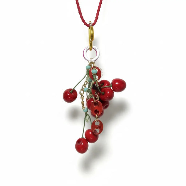 Ciondolo Charm Borsa Ciliegie Rosse con Moschettone Oro - Portachiavi Decorativo Estivo