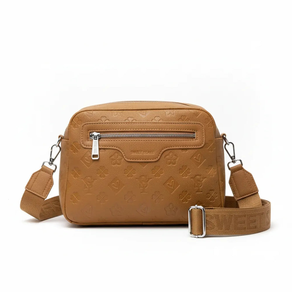 SWEET YEARS - Borsa borsetta clutch zip donna firmata tracolla logata simil pelle Motivo Quadrifogli e Fiori picche 3d pressata