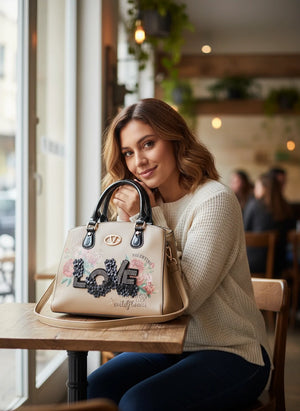 Borsa donna Valentini Gino beige con fiori e scritta LOVE – Borsa a mano e tracolla elegante