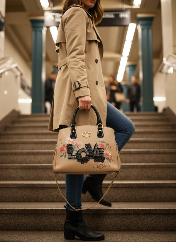 Borsa donna Valentini Gino beige con fiori e scritta LOVE – Borsa a mano e tracolla elegante