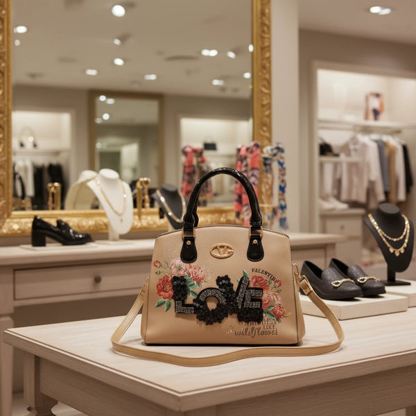 Borsa donna Valentini Gino beige con fiori e scritta LOVE – Borsa a mano e tracolla elegante