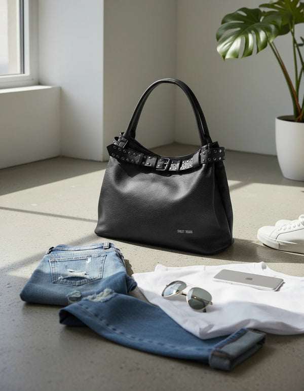 Borsa a sacco shopping firmato SWEET YEARS donna spalla a tracolla simil pelle shopping borchie cintura