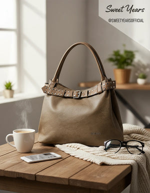 Borsa a sacco shopping firmato SWEET YEARS donna spalla a tracolla simil pelle shopping borchie cintura