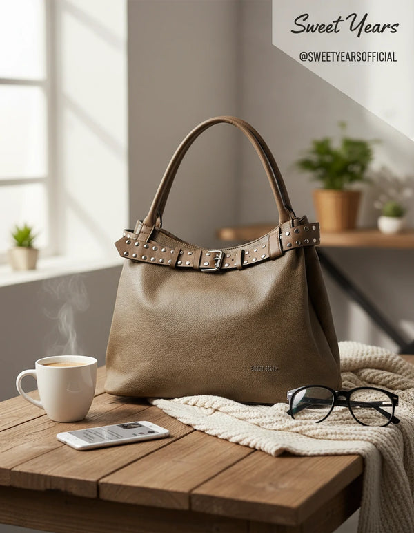 Borsa a sacco shopping firmato SWEET YEARS donna spalla a tracolla simil pelle shopping borchie cintura