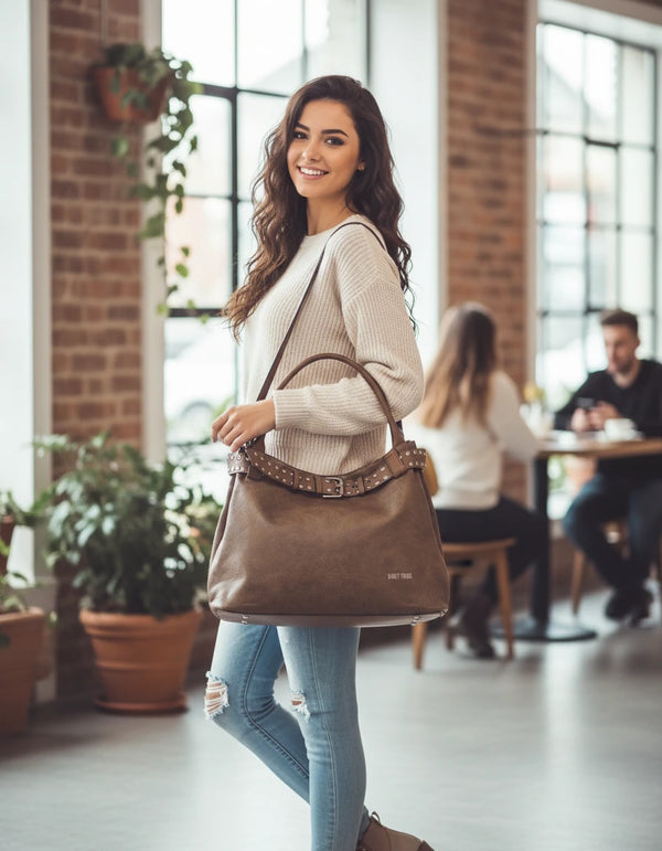 Borsa a sacco shopping firmato SWEET YEARS donna spalla a tracolla simil pelle shopping borchie cintura