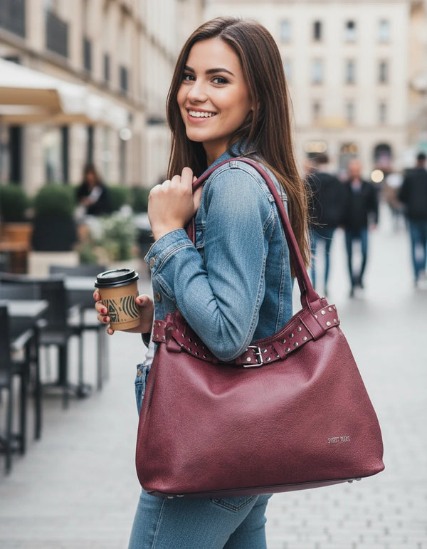 Borsa a sacco shopping firmato SWEET YEARS donna spalla a tracolla simil pelle shopping borchie cintura