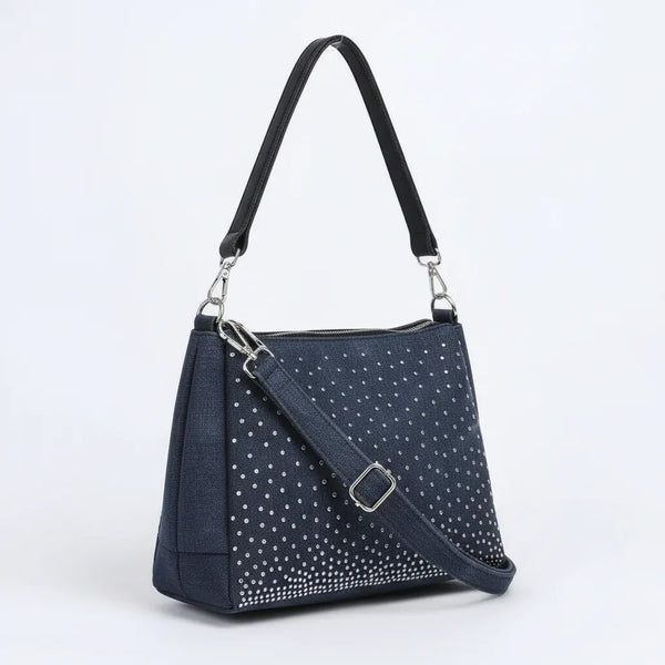 La Saridda - Borsa jeans denim tracolla sacco spalla monomanico strass glitter jeansata