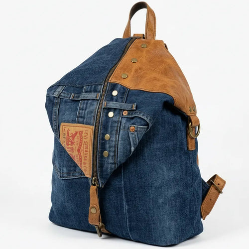 Zaino MADE IN ITALY in jeans LEVI'S vera pelle e borchie di alta qualità modello biker donna
