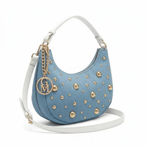 La Mezzaborchia - Borsa mezzaluna spalla tracolla jeans denim con borchie