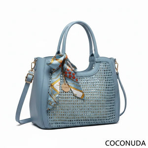 Coconuda - Borsa shopping spalla paglia intrecciata simil pelle e foulard