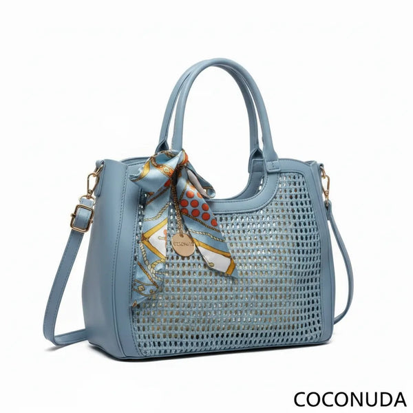 Coconuda - Borsa shopping spalla paglia intrecciata simil pelle e foulard