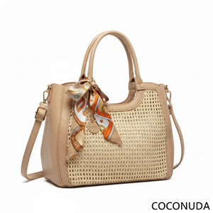 Coconuda - Borsa shopping spalla paglia intrecciata simil pelle e foulard