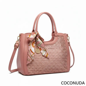 Coconuda - Borsa shopping spalla paglia intrecciata simil pelle e foulard
