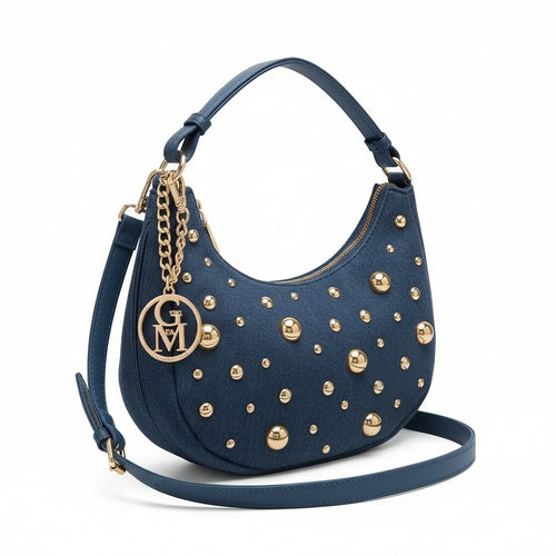 La Mezzaborchia - Borsa mezzaluna spalla tracolla jeans denim con borchie