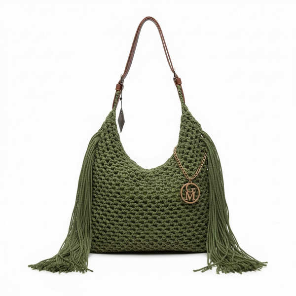 La Caowboy gemma - Borsa firmata Gyoiamea Corda Intrecciata con Frange Laterali e Manico in Cuoio – Stile Boho