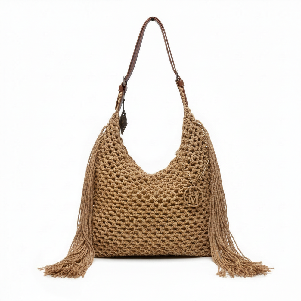 La Caowboy gemma - Borsa firmata Gyoiamea Corda Intrecciata con Frange Laterali e Manico in Cuoio – Stile Boho