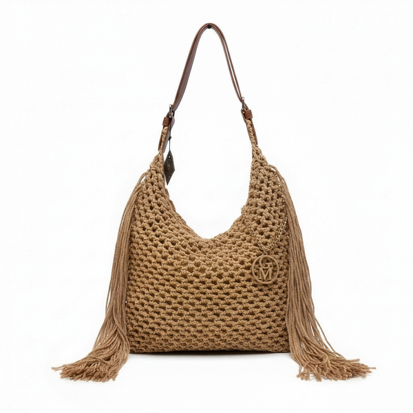 La Caowboy gemma - Borsa firmata Gyoiamea Corda Intrecciata con Frange Laterali e Manico in Cuoio – Stile Boho