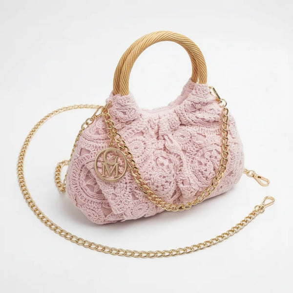 La Perla - Borsa firmata Gyoiamea ricamata macramè elegante manici in legno
