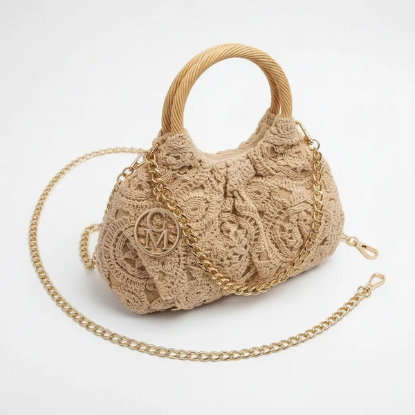 La Perla - Borsa firmata Gyoiamea ricamata macramè elegante manici in legno
