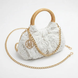 La Perla - Borsa firmata Gyoiamea ricamata macramè elegante manici in legno