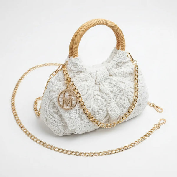 La Perla - Borsa firmata Gyoiamea ricamata macramè elegante manici in legno