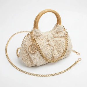 La Perla - Borsa firmata Gyoiamea ricamata macramè elegante manici in legno