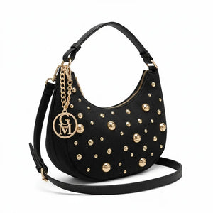 La Mezzaborchia - Borsa mezzaluna spalla tracolla jeans denim con borchie