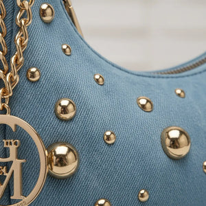 La Mezzaborchia - Borsa mezzaluna spalla tracolla jeans denim con borchie