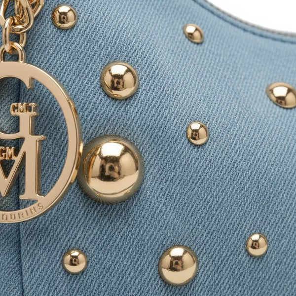 La Mezzaborchia - Borsa mezzaluna spalla tracolla jeans denim con borchie