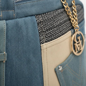 La Tappa - Borsa bauletto jeans denim shopping Tracolla Stile Etnico Multicolor con Tasche e Zip