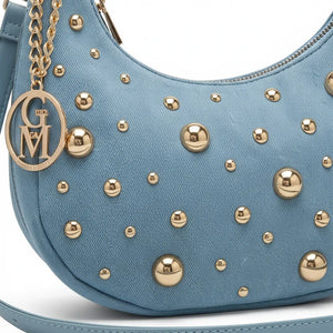 La Mezzaborchia - Borsa mezzaluna spalla tracolla jeans denim con borchie