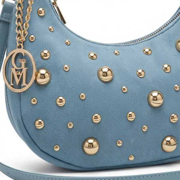 La Mezzaborchia - Borsa mezzaluna spalla tracolla jeans denim con borchie