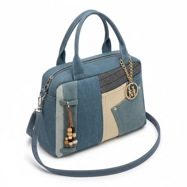 La Tappa - Borsa bauletto jeans denim shopping Tracolla Stile Etnico Multicolor con Tasche e Zip