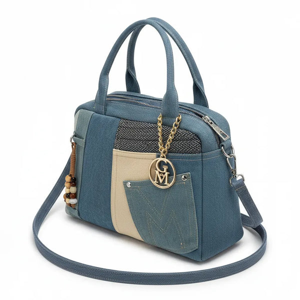 La Tappa - Borsa bauletto jeans denim shopping Tracolla Stile Etnico Multicolor con Tasche e Zip
