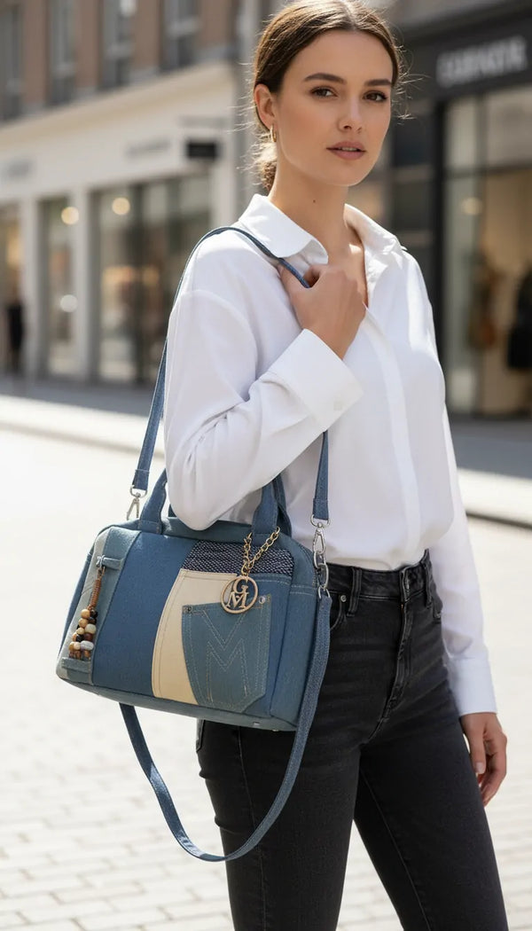La Tappa - Borsa bauletto jeans denim shopping Tracolla Stile Etnico Multicolor con Tasche e Zip