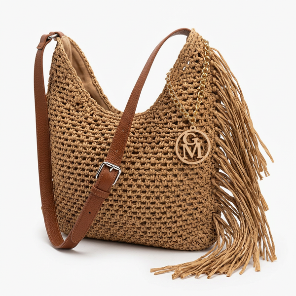 La Caowboy gemma - Borsa firmata Gyoiamea Corda Intrecciata con Frange Laterali e Manico in Cuoio – Stile Boho