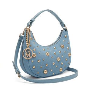 La Mezzaborchia - Borsa mezzaluna spalla tracolla jeans denim con borchie
