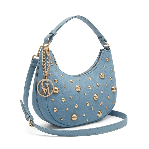 La Mezzaborchia - Borsa mezzaluna spalla tracolla jeans denim con borchie