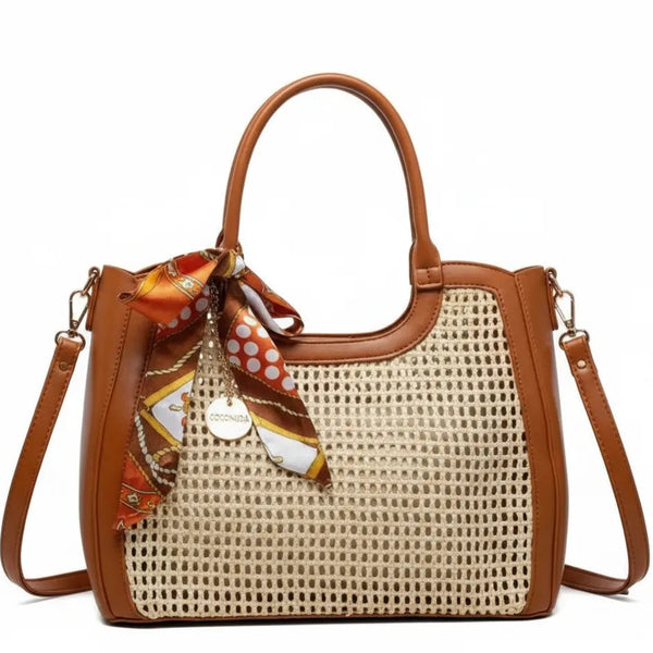 Coconuda - Borsa shopping spalla paglia intrecciata simil pelle e foulard