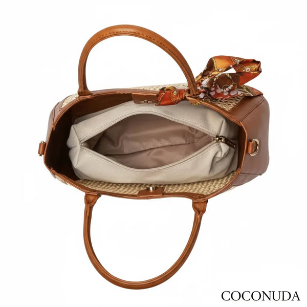 Coconuda - Borsa shopping spalla paglia intrecciata simil pelle e foulard
