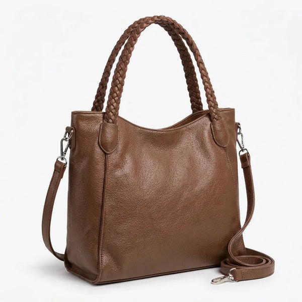 Borsa donna a spalla con manici intrecciati e tracolla beige scuro - vista principale della variante