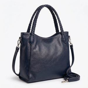 Borsa donna a spalla con manici intrecciati e tracolla blu scuro - vista principale della variante