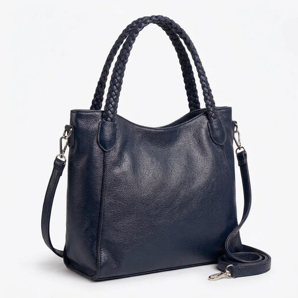 Borsa donna a spalla con manici intrecciati e tracolla blu scuro - vista principale della variante