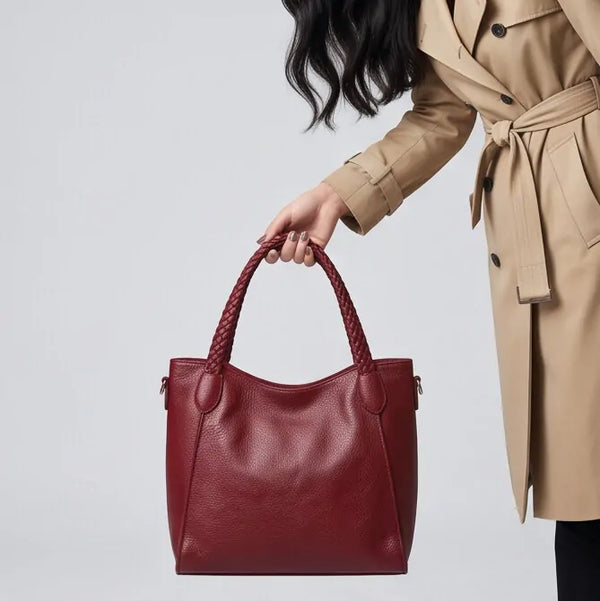 Borsa donna a spalla con manici intrecciati e tracolla bordeaux - borsa portata a mano