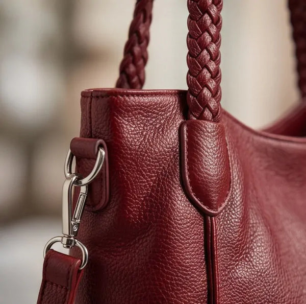 Borsa donna a spalla con manici intrecciati e tracolla bordeaux - dettaglio dei manici intrecciati