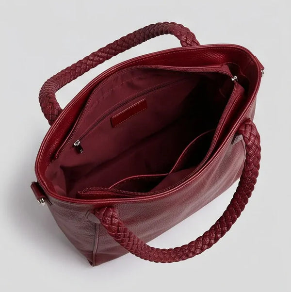 Borsa donna a spalla con manici intrecciati e tracolla bordeaux - vista dell'interno