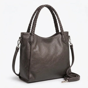 Borsa donna a spalla con manici intrecciati e tracolla grigio scuro - vista principale della variante