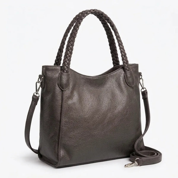 Borsa donna a spalla con manici intrecciati e tracolla grigio scuro - vista principale della variante