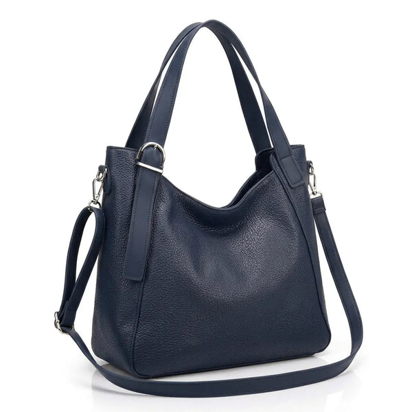 Borsa donna a spalla con doppi manici e tracolla blu scuro - vista principale della variante