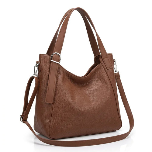 Borsa donna a spalla con doppi manici e tracolla marrone - vista principale della variante